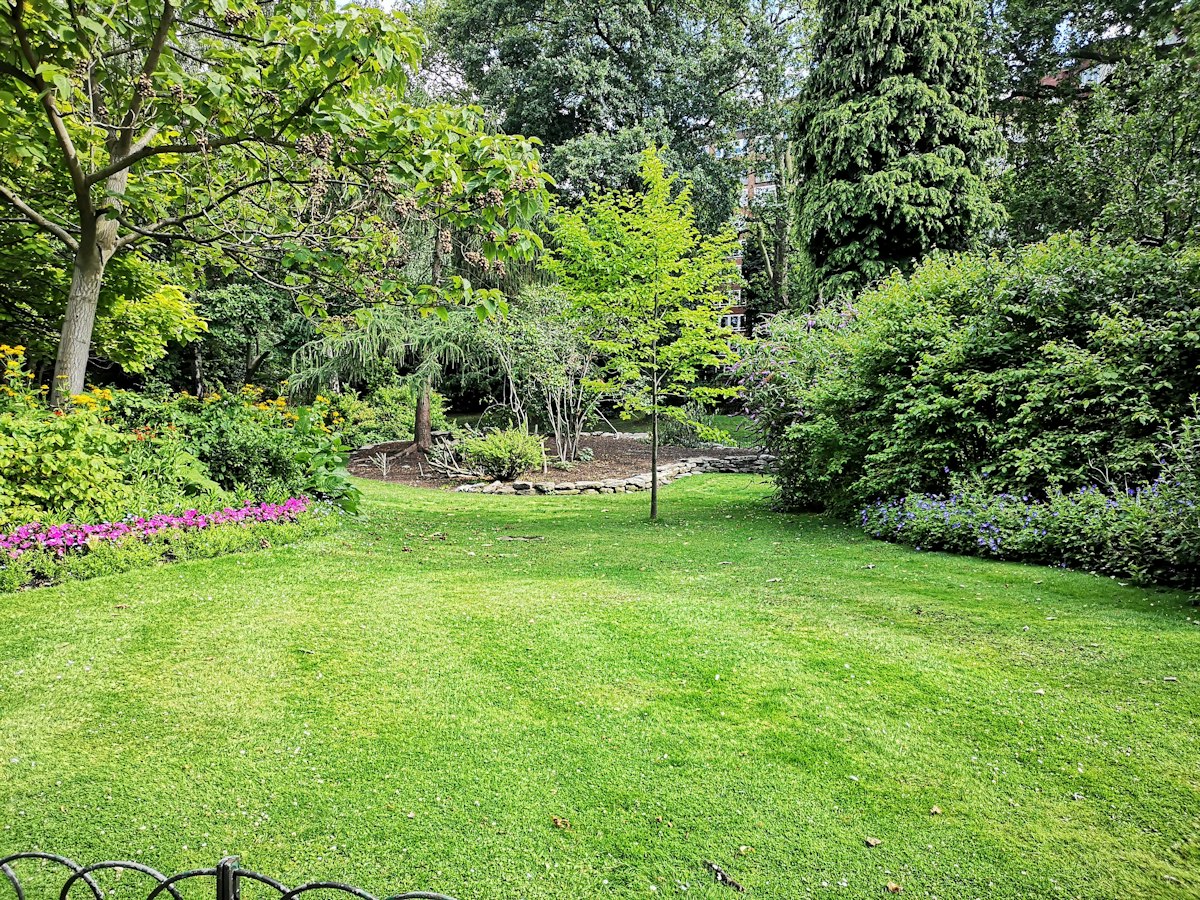 Garten mit Rasen und Pflanzen an einem Haus